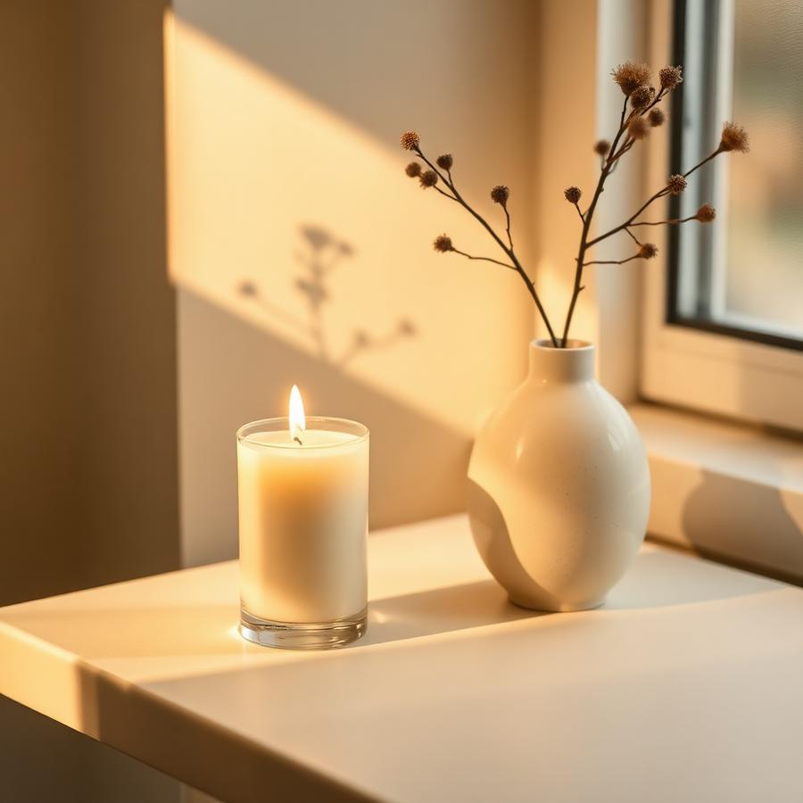 Softly lit candle and ceramic vase in the studio