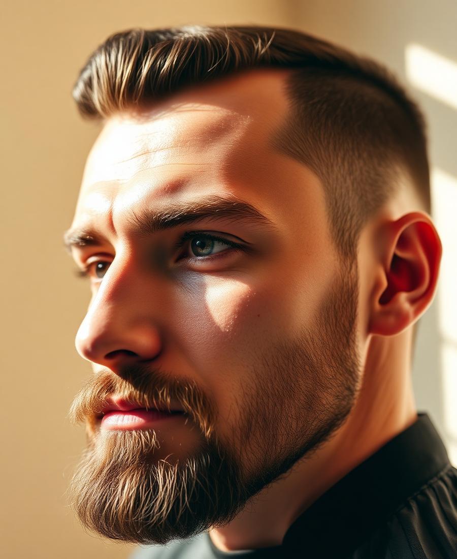 Groomed male client with neatly shaped beard and brows