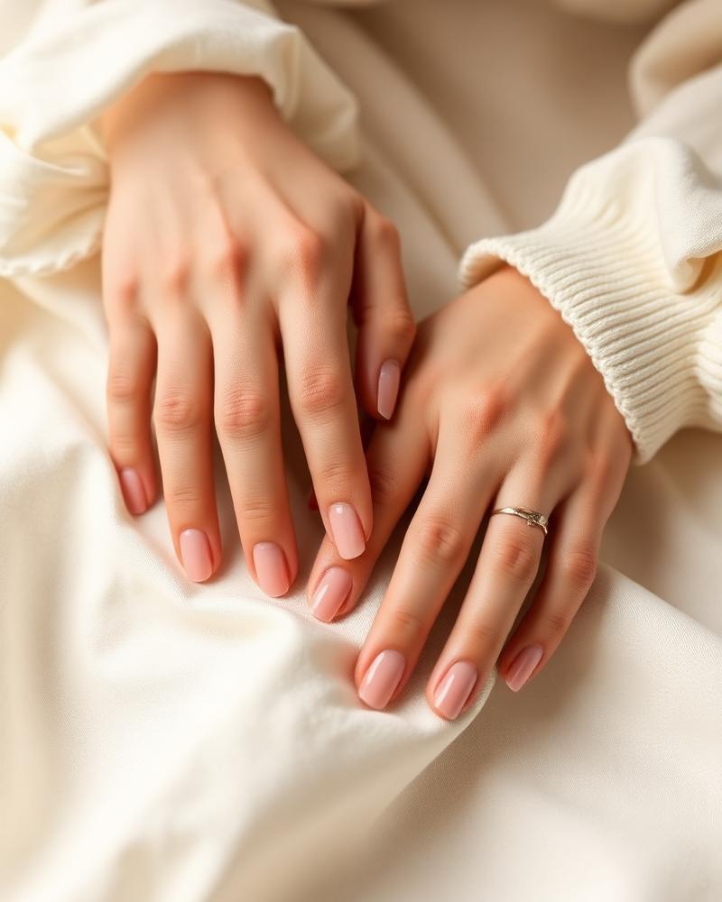 Elegant neutral manicure resting on cream linen
