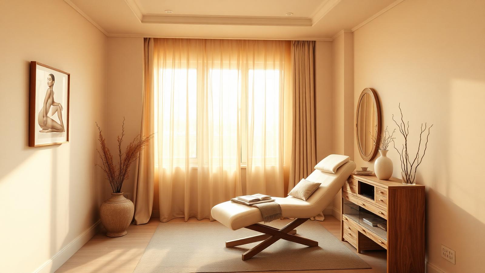 Wide view of the Reyna Aura studio with cream finishes and warm natural light